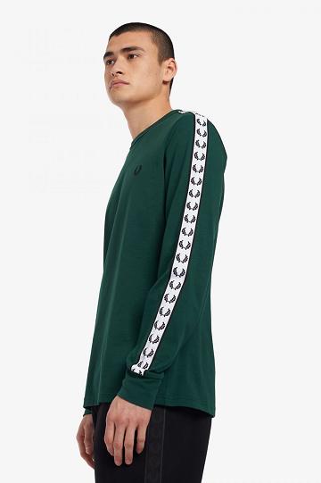 Dark Green Fred Perry Taped Long Sleeve Men's T Shirts | PH 1776ILHS